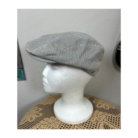 TopMan- Flat Bill Cap- no button- Small Med- pinstripe pattern- cotton preowned - Picture 3 of 6